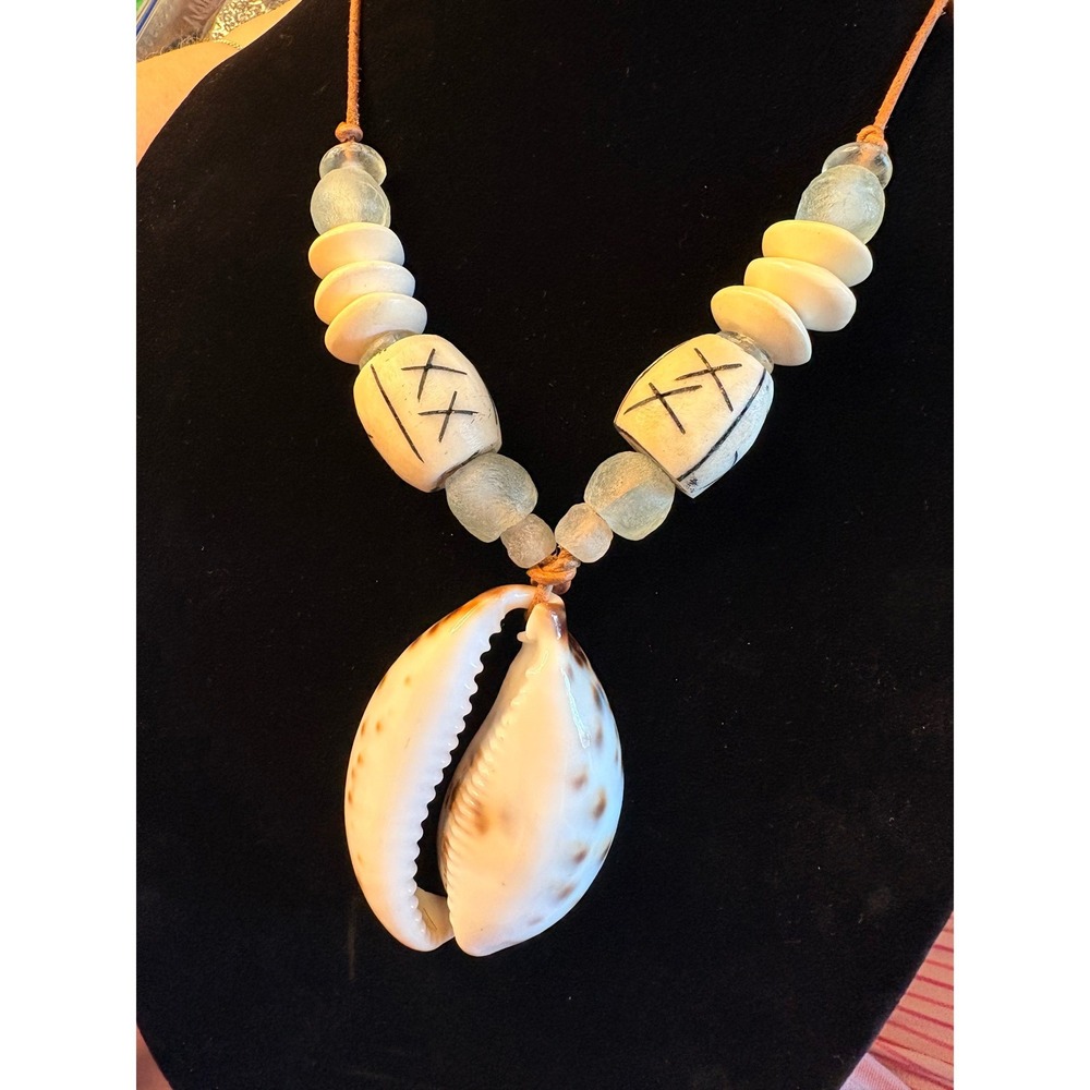 Boho Cowrie Shell Necklace Women's Cream Beachy Leather Sea Glass Bead